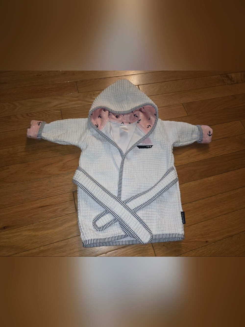 Nautica Infant 0-9 Mth Cream Waffle-Knit Kids Hooded Robe Pink Sailboat Lining - Picture 8 of 13